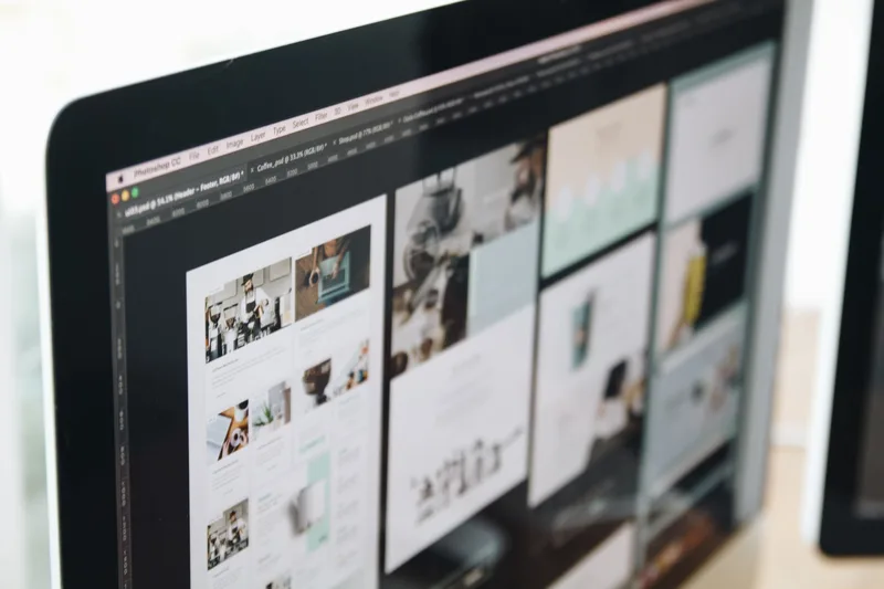 Computer screen showing a creative design workspace — similar to Beacon&rsquo;s drag-and-drop interface where layouts are built section by section