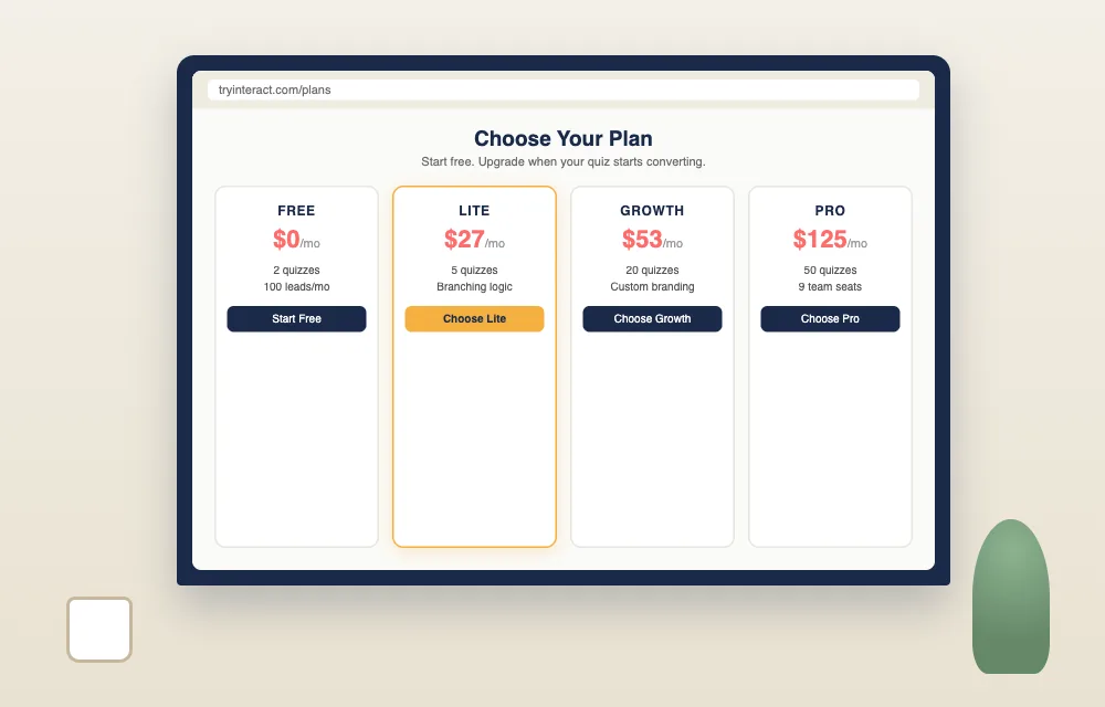 Illustrative mockup of Interact&rsquo;s four-tier pricing page open on a laptop at a casual desk, showing Free, Lite, Growth, and Pro plans with monthly prices