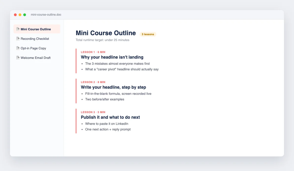 Mini course outline document showing three lessons with runtime and talking points for each